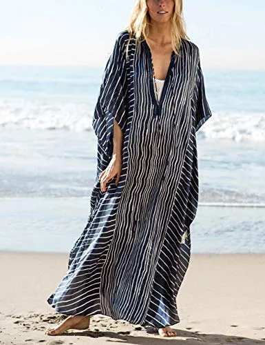 Turkish Print Chiffon Half Sleeve Swimwear Beach Caftan Dress