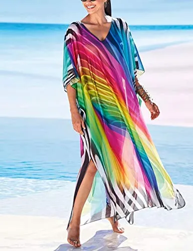 Turkish Print Chiffon Half Sleeve Swimwear Beach Caftan Dress