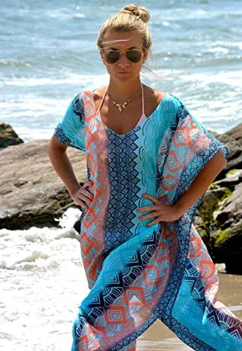 Turkish Print Chiffon Half Sleeve Swimwear Beach Caftan Dress