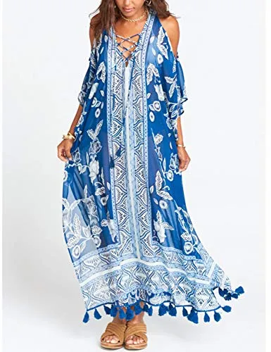 Turkish Print Chiffon Half Sleeve Swimwear Beach Caftan Dress