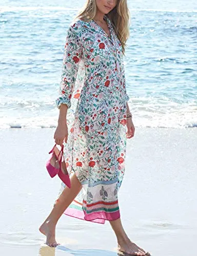 Turkish Print Chiffon Half Sleeve Swimwear Beach Caftan Dress