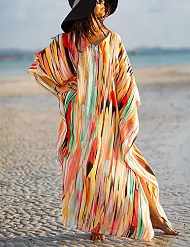 Turkish Print Chiffon Half Sleeve Swimwear Beach Caftan Dress