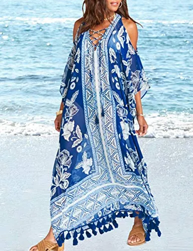 Turkish Print Chiffon Half Sleeve Swimwear Beach Caftan Dress