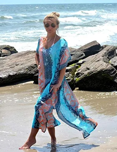 Turkish Print Chiffon Half Sleeve Swimwear Beach Caftan Dress