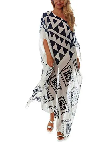 Turkish Print Chiffon Half Sleeve Swimwear Beach Caftan Dress