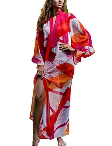 Turkish Print Chiffon Half Sleeve Swimwear Beach Caftan Dress