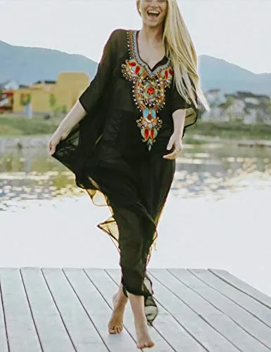 Turkish Print Chiffon Half Sleeve Swimwear Beach Caftan Dress