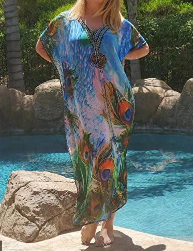 Turkish Print Chiffon Half Sleeve Swimwear Beach Caftan Dress