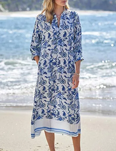 Turkish Print Chiffon Half Sleeve Swimwear Beach Caftan Dress