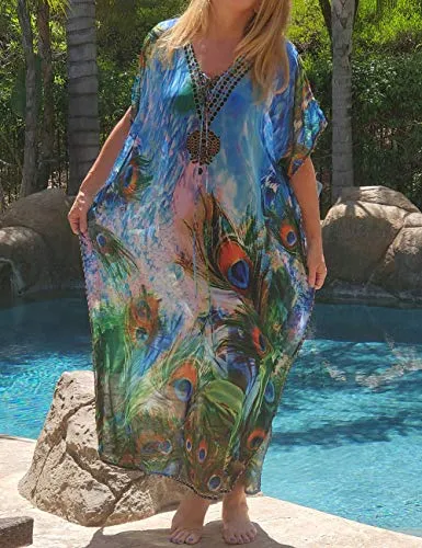 Turkish Print Chiffon Half Sleeve Swimwear Beach Caftan Dress