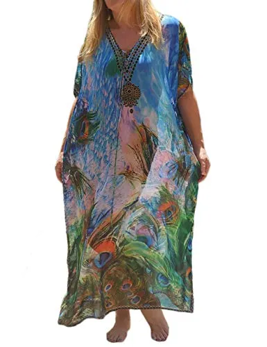 Turkish Print Chiffon Half Sleeve Swimwear Beach Caftan Dress