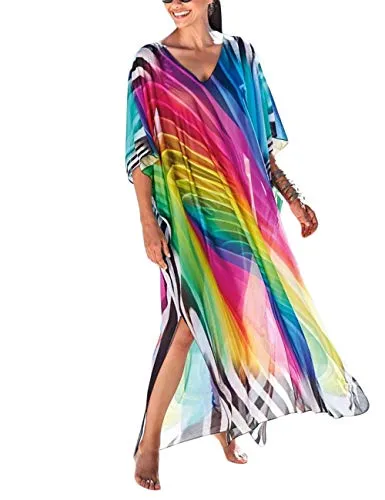 Turkish Print Chiffon Half Sleeve Swimwear Beach Caftan Dress