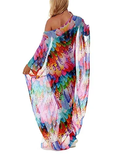 Turkish Print Chiffon Half Sleeve Swimwear Beach Caftan Dress