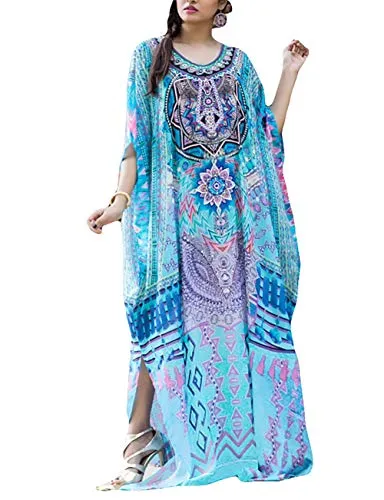 Turkish Print Chiffon Half Sleeve Swimwear Beach Caftan Dress