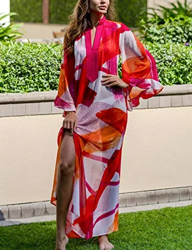 Turkish Print Chiffon Half Sleeve Swimwear Beach Caftan Dress