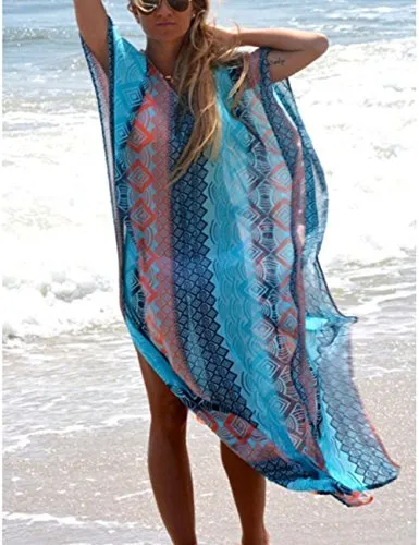 Turkish Print Chiffon Half Sleeve Swimwear Beach Caftan Dress