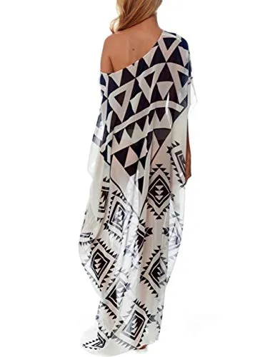 Turkish Print Chiffon Half Sleeve Swimwear Beach Caftan Dress