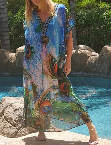 Turkish Print Chiffon Half Sleeve Swimwear Beach Caftan Dress