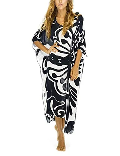 Turkish Print Chiffon Half Sleeve Swimwear Beach Caftan Dress