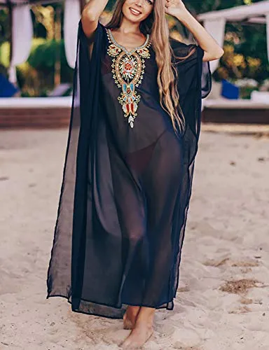 Turkish Print Chiffon Half Sleeve Swimwear Beach Caftan Dress