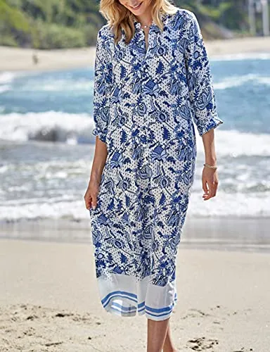 Turkish Print Chiffon Half Sleeve Swimwear Beach Caftan Dress