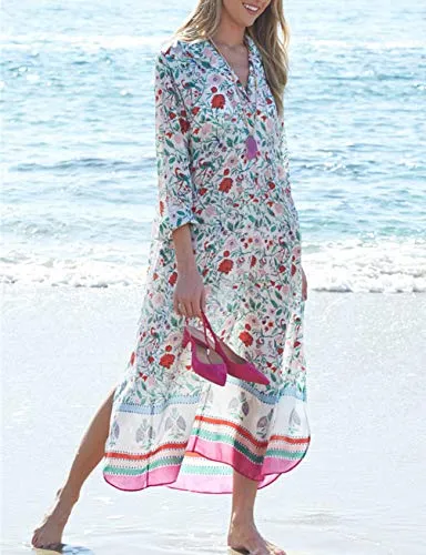 Turkish Print Chiffon Half Sleeve Swimwear Beach Caftan Dress