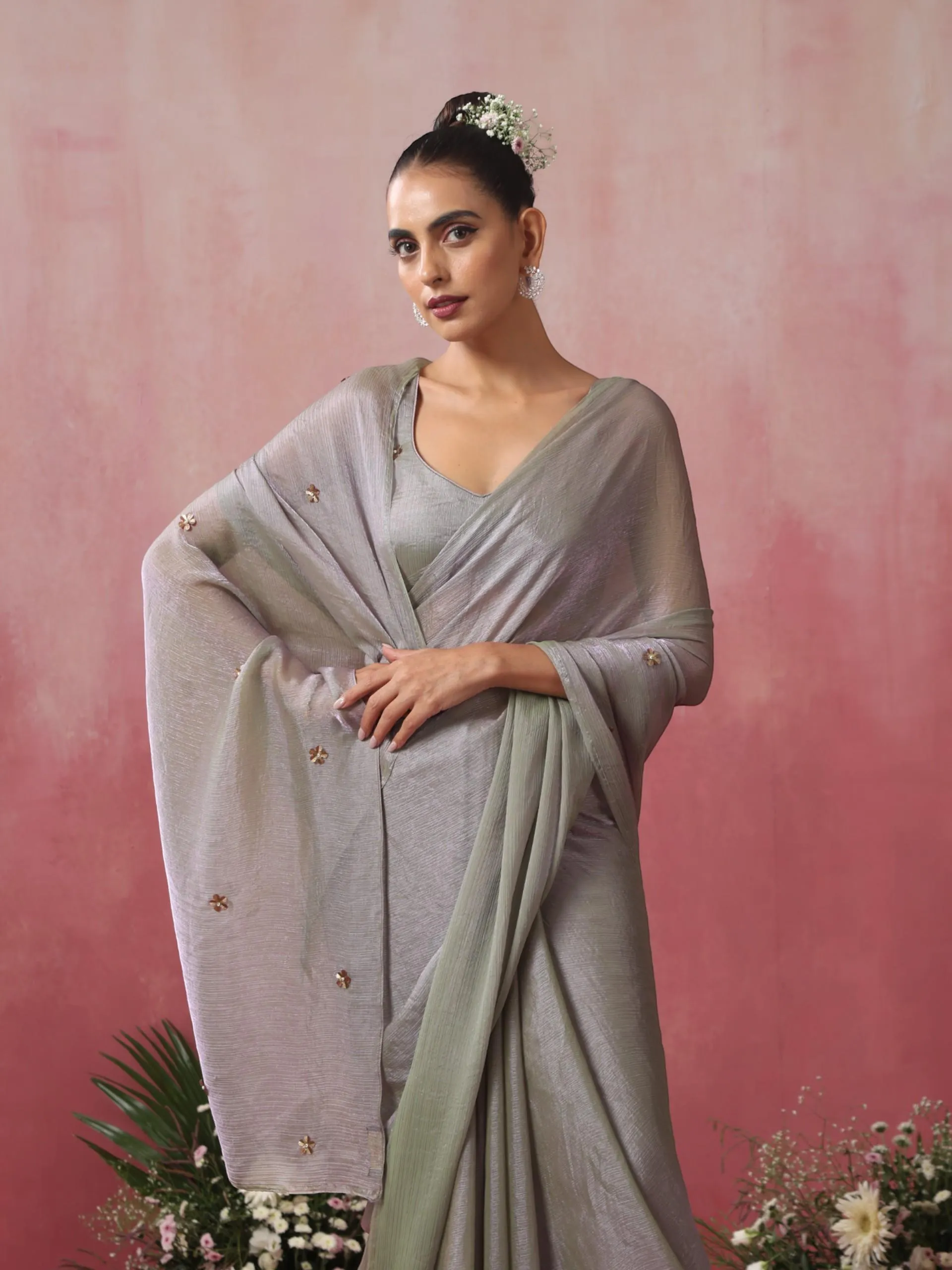 Twilight Lilac Green Metallic Satin Saree with Gold Flowers and Blouse Fabric