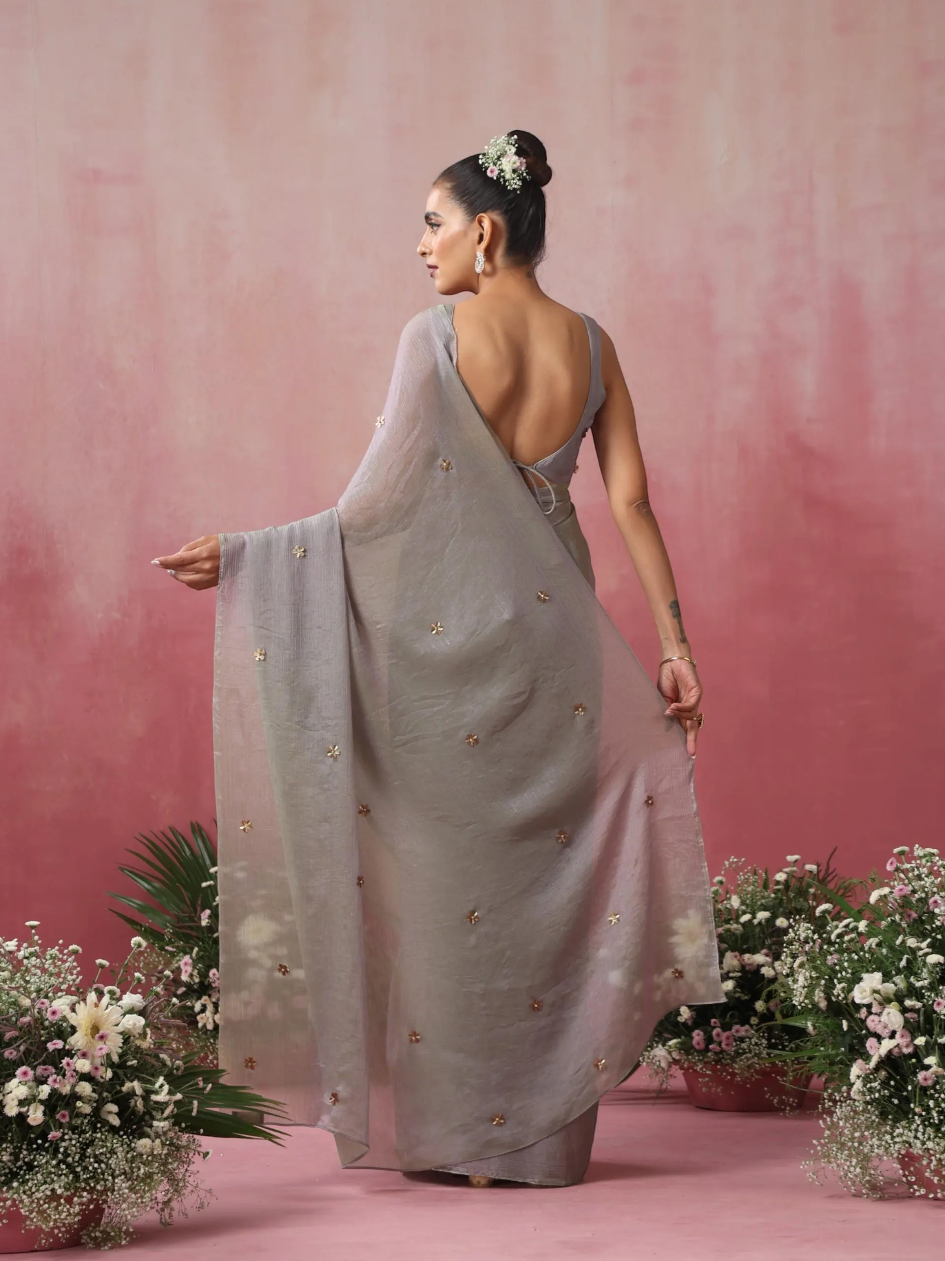 Twilight Lilac Green Metallic Satin Saree with Gold Flowers and Blouse Fabric