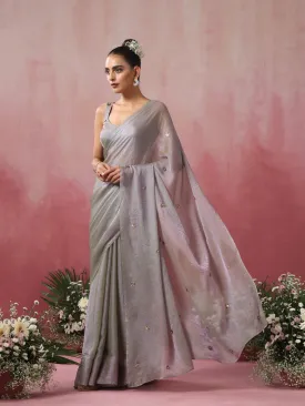 Twilight Lilac Green Metallic Satin Saree with Gold Flowers and Blouse Fabric