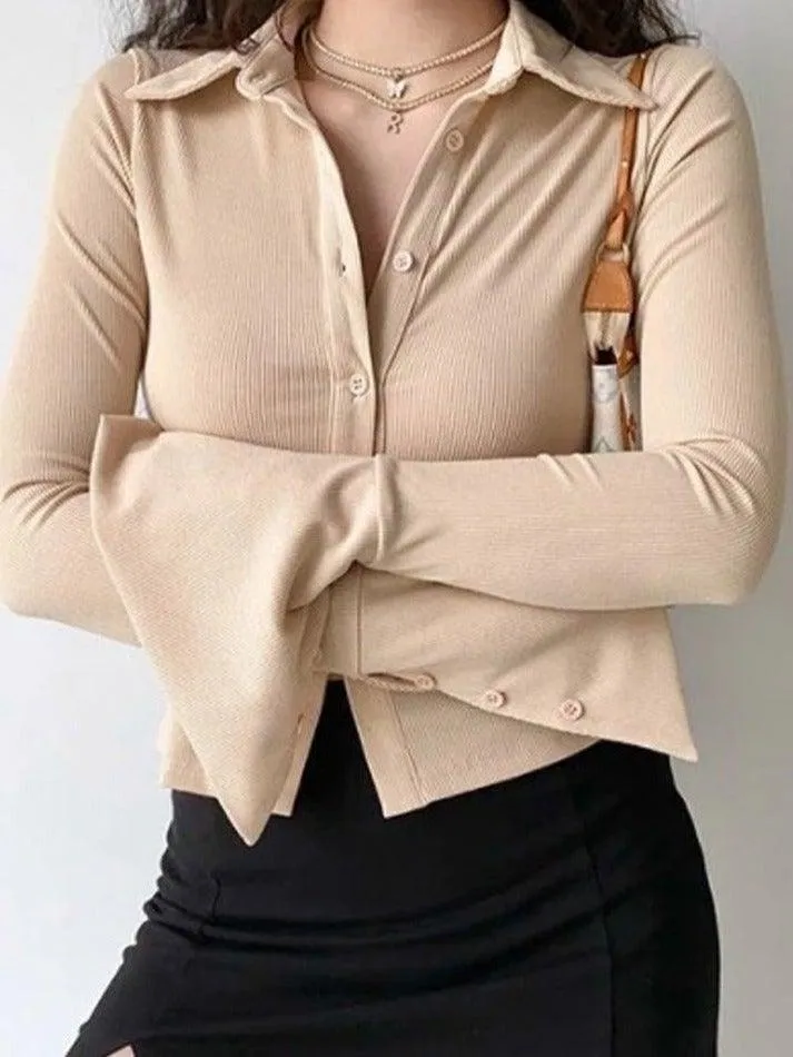 Uniwim ootd Polo Neck Long Sleeve Rib Blouse