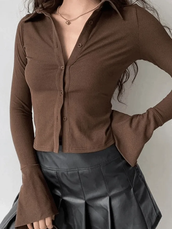 Uniwim ootd Polo Neck Long Sleeve Rib Blouse