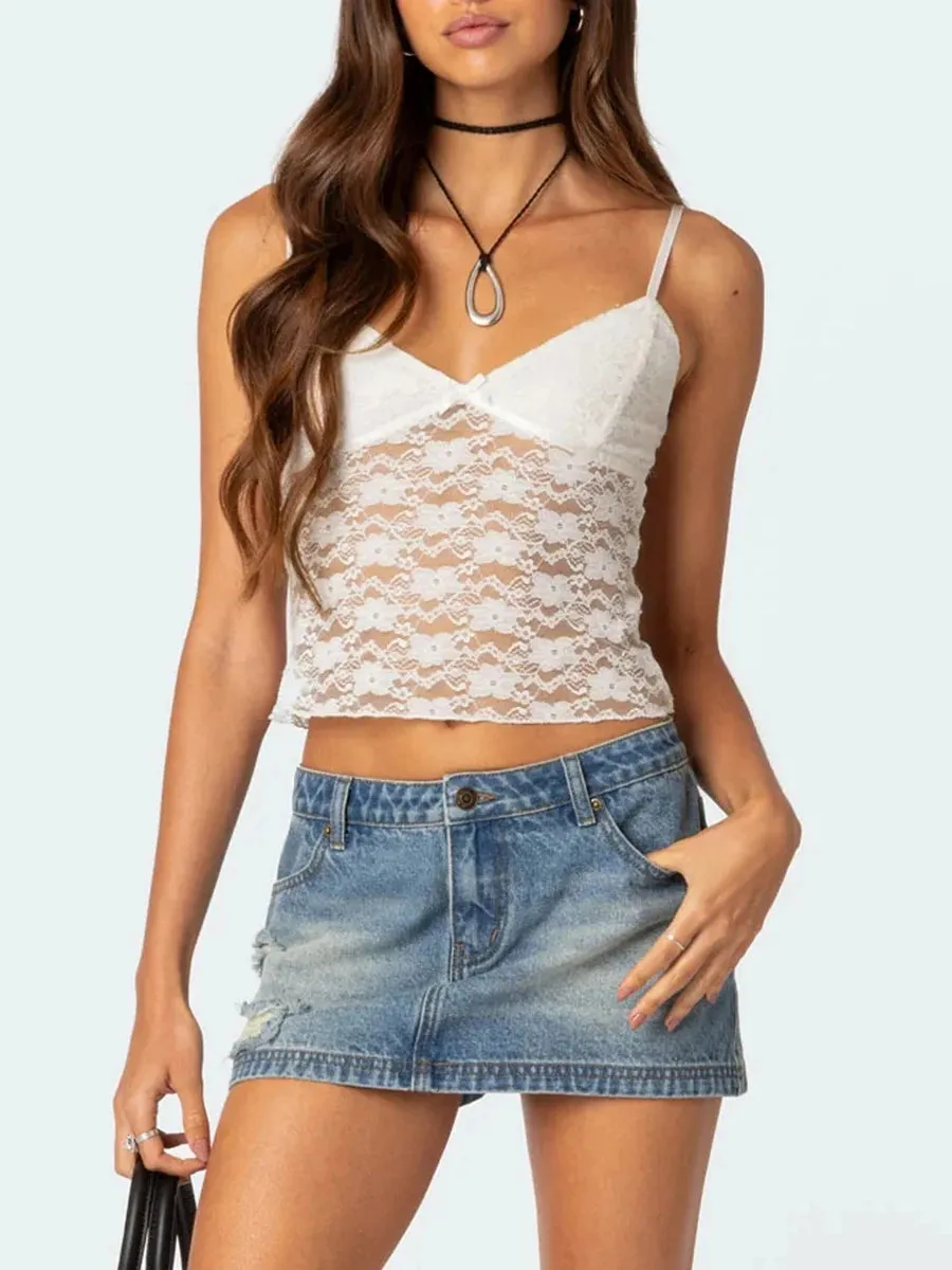 Uniwim Women s Crop Floral Lace Camisole Summer Backless Spaghetti Strap Tank Tops Sleeveless T-Shirt Y2K Streetwear Clubwear