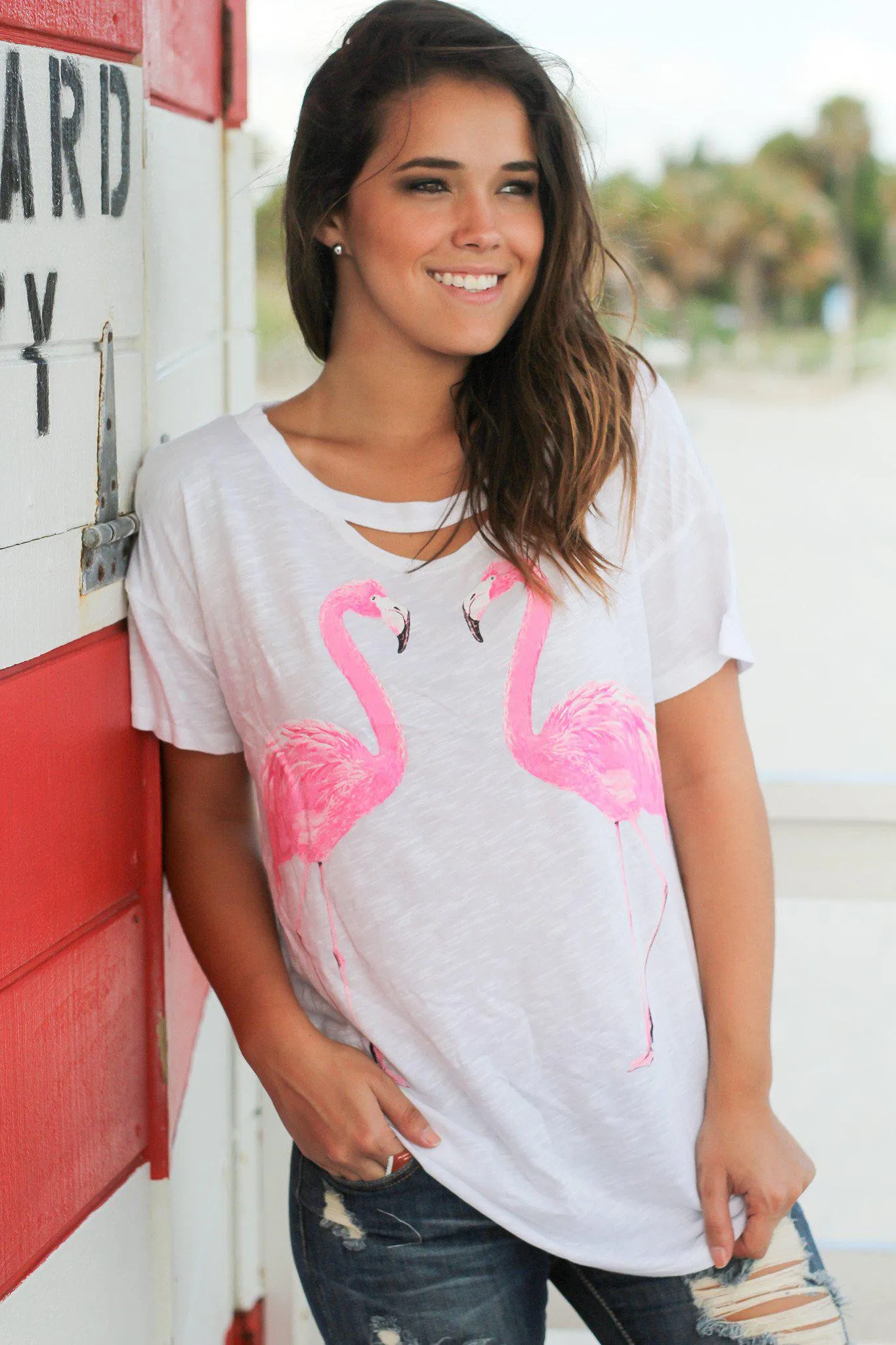 White Flamingo Top with Keyhole