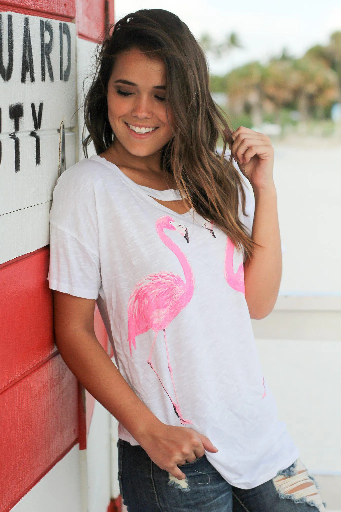 White Flamingo Top with Keyhole