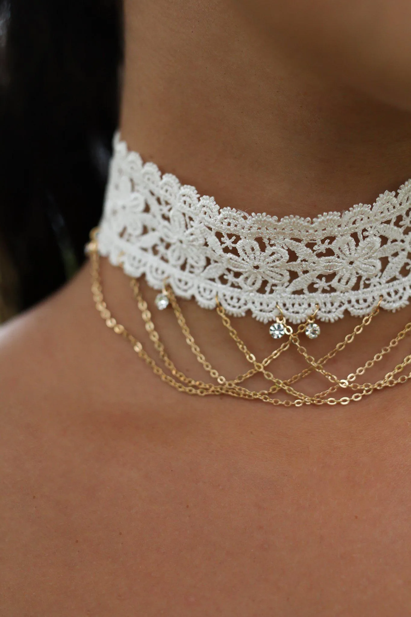 White Lace Choker with Gold Chain