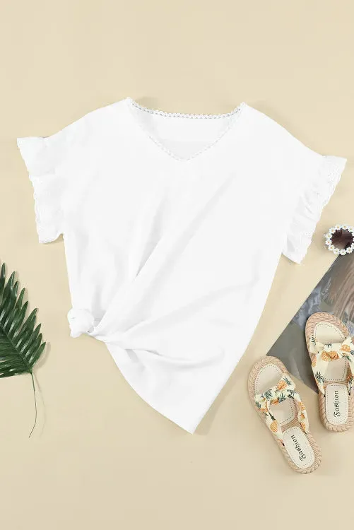 White V Neck Ruffle Short Sleeve Blouse