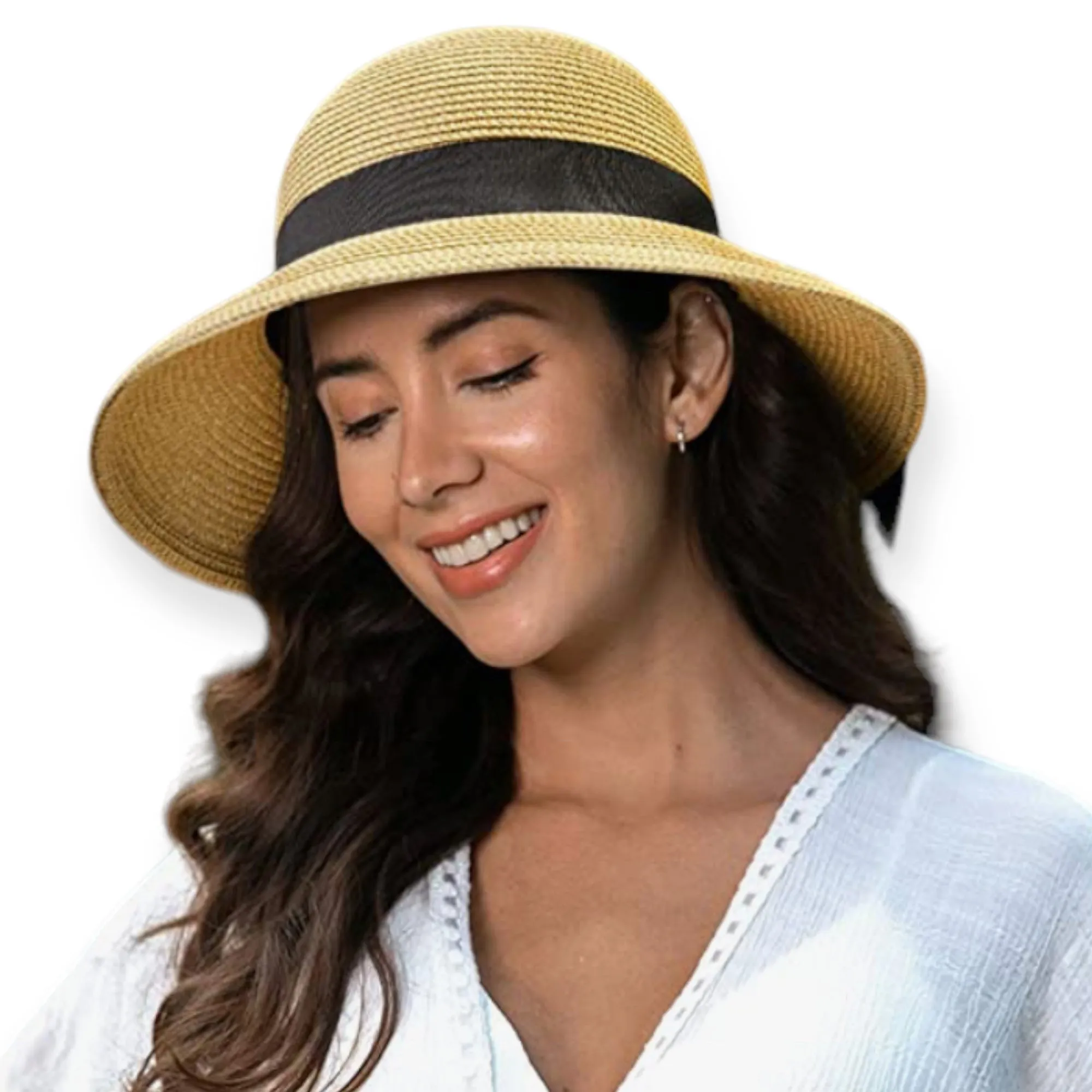 Wide Brim Black Ribbon Straw Sun Hat