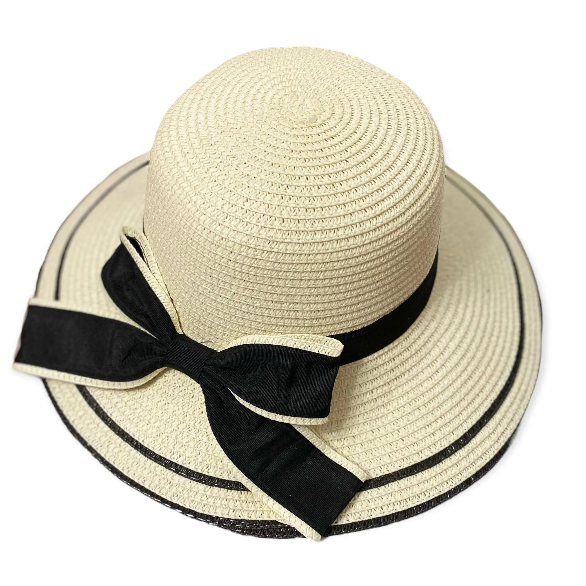 Wide Brim Black Ribbon Straw Sun Hat