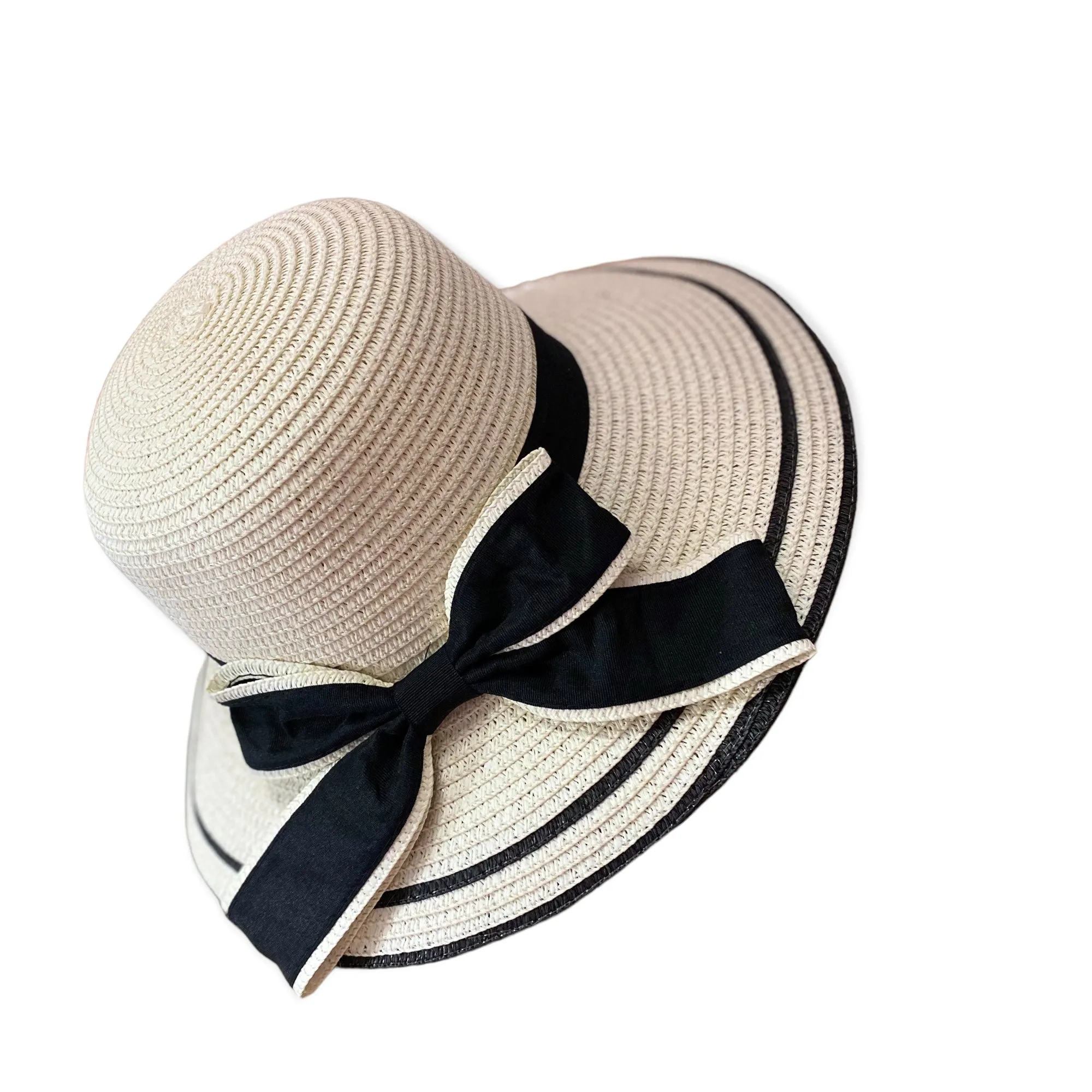 Wide Brim Black Ribbon Straw Sun Hat