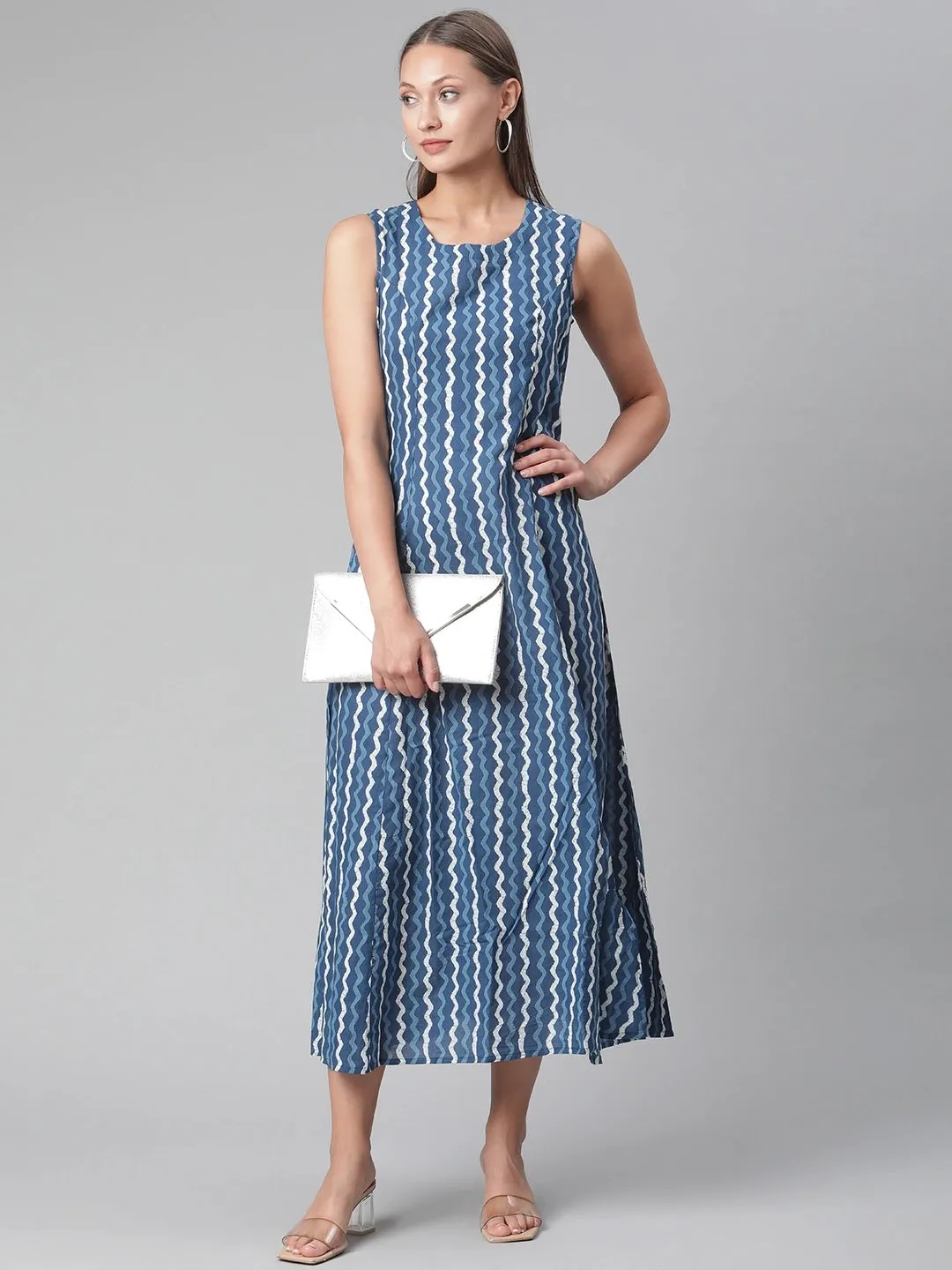 Women'S Blue Cotton Long Dress