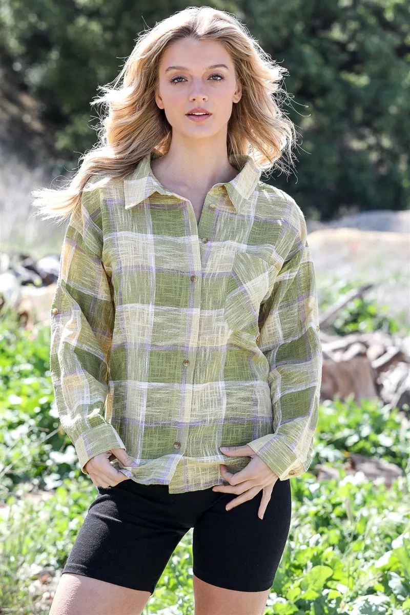 Women's Cotton & Linen Blend Textured Plaid Shirt Top