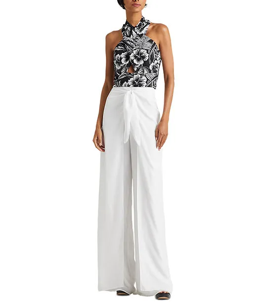 Women's Floral Crepe Cropped Halter Blouse Black/White