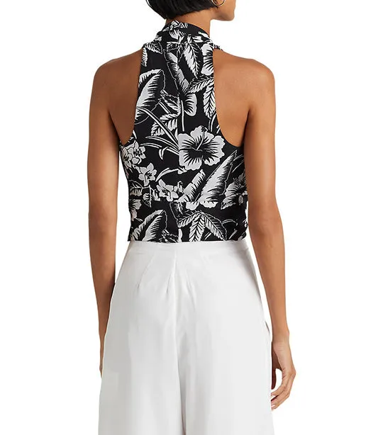 Women's Floral Crepe Cropped Halter Blouse Black/White