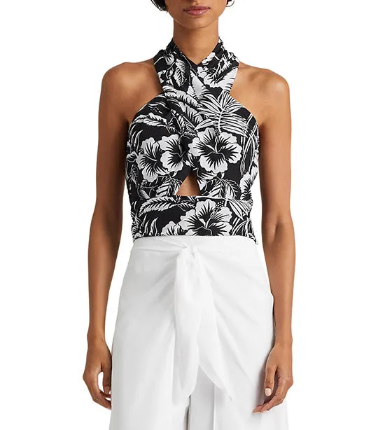 Women's Floral Crepe Cropped Halter Blouse Black/White