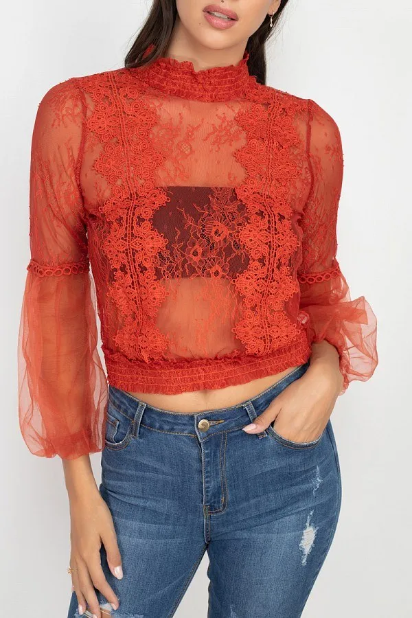 Women's Lace Trim Balloon Sleeve Smocked Top