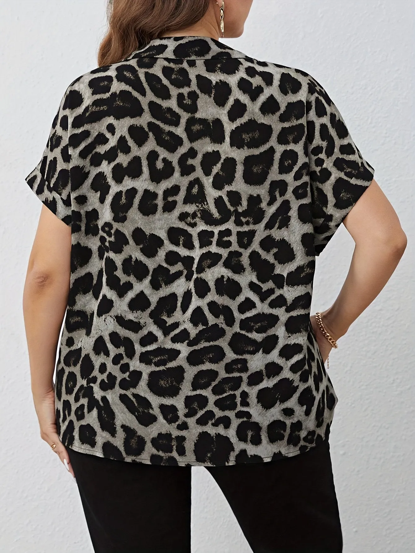 Womens Plus Leopard Bat Sleeve Blouse with Turn Down Collar