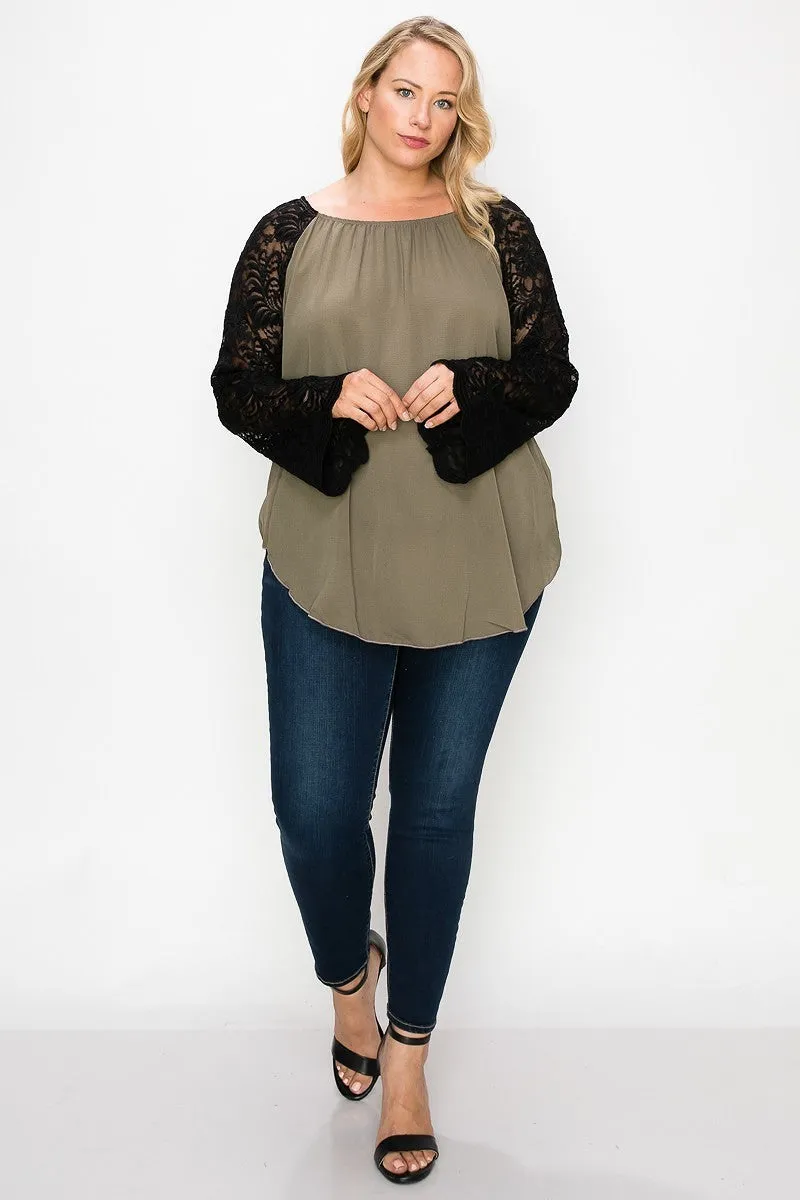 Women's Plus Solid Top Featuring Flattering Lace Bell Sleeves