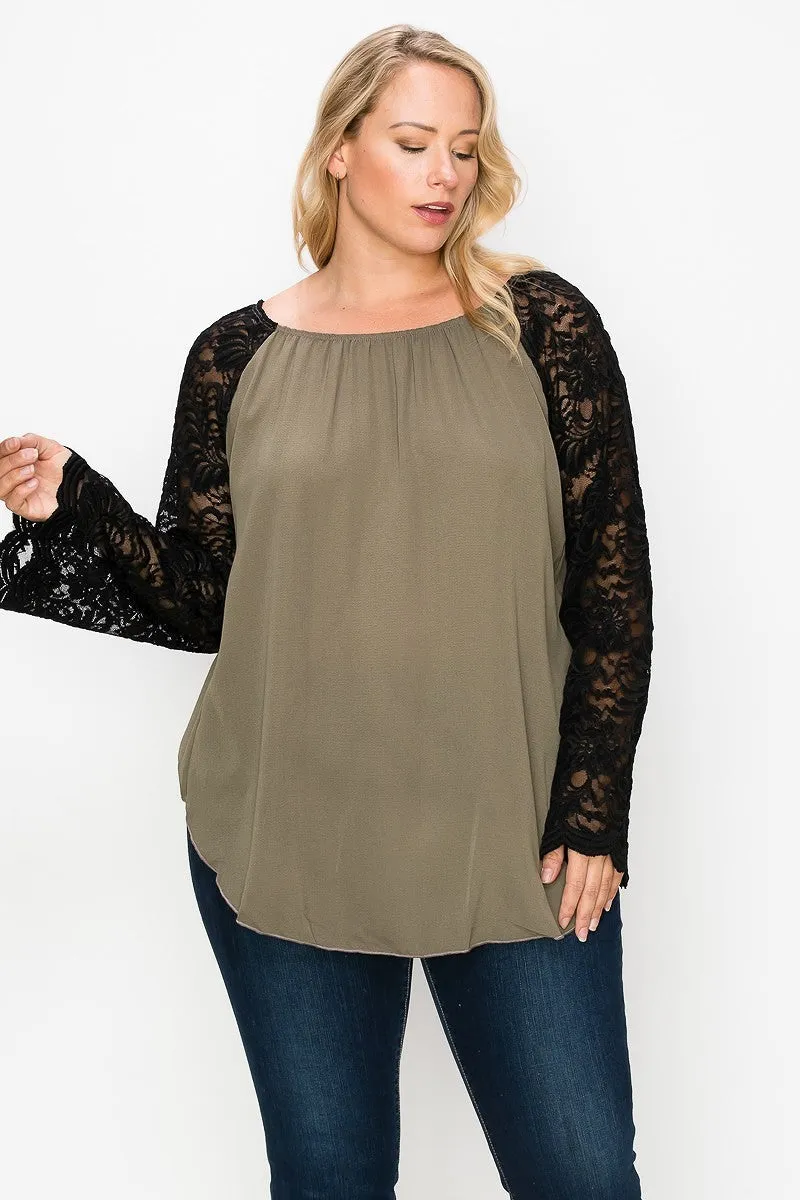 Women's Plus Solid Top Featuring Flattering Lace Bell Sleeves