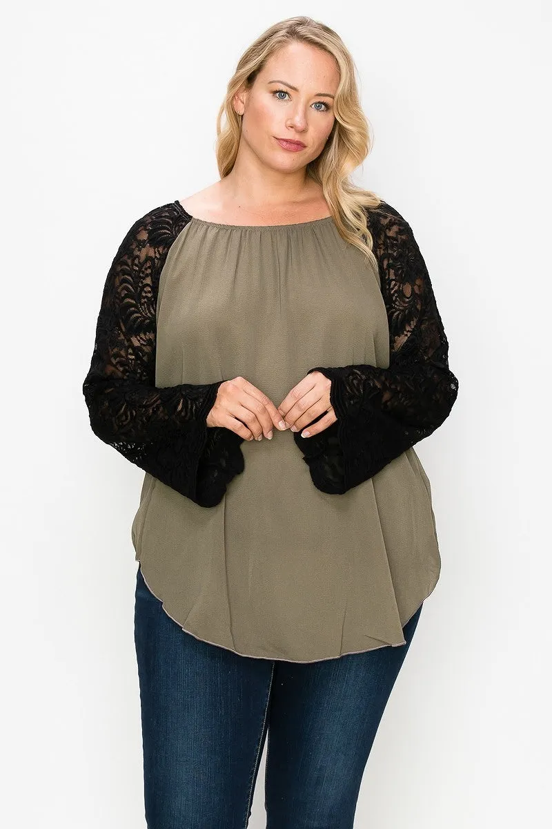 Women's Plus Solid Top Featuring Flattering Lace Bell Sleeves